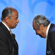 Rep. Charles Rangel (D-N.Y.) (right) greets fellow Rep. John Conyers (D-Mich.) onstage during the Democratic National Convention in Denver Aug. 26, 2008.
Paul J. Richards/AFP/Getty Images